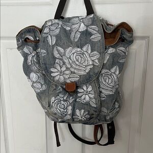 Floral Denim Backpack- Patricia Nash Draw string Leather straps